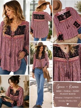 Grace + Karma Blouse Medium Bohemian Floral Paisley Peasant Tassel AS IS Project